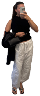 Black top, white drawstring pants