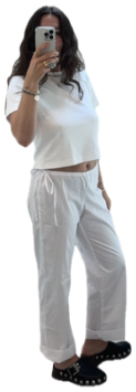 White tee, white linen pants